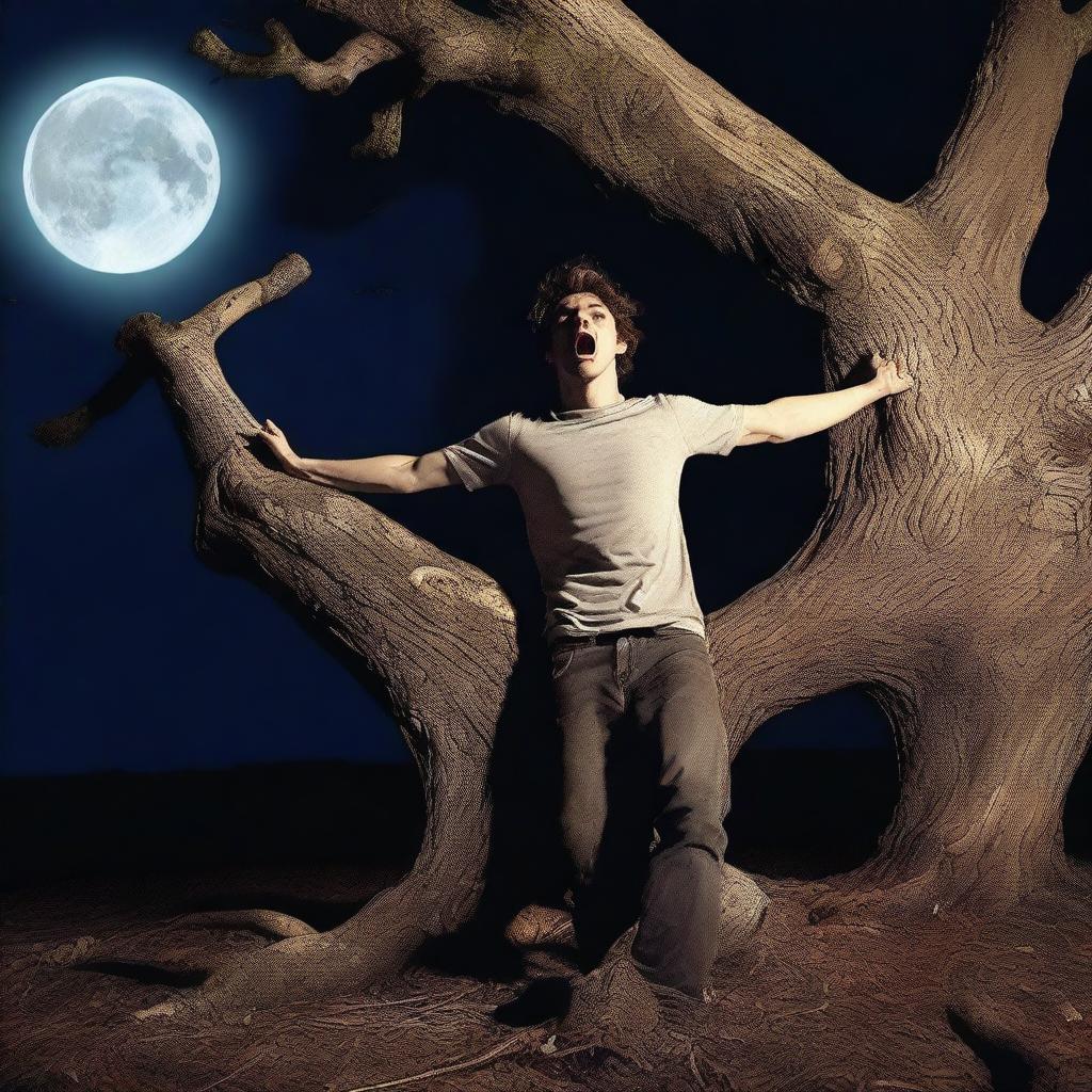 A photorealistic image of a frightened young man lying flat on his back on a giant tree stump