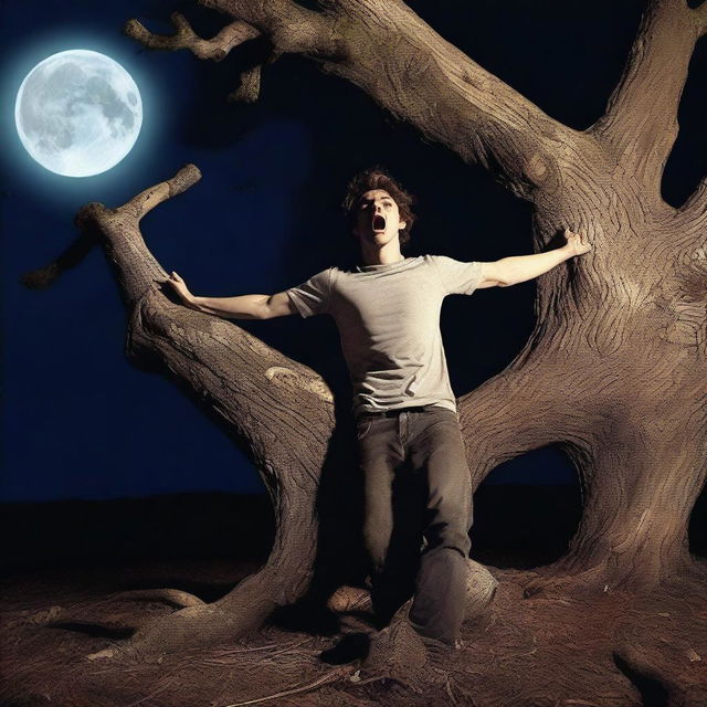 A photorealistic image of a frightened young man lying flat on his back on a giant tree stump