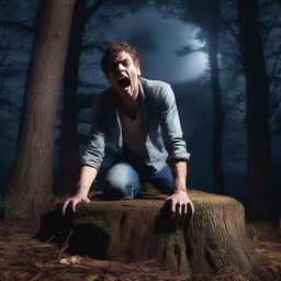 A photorealistic horror scene featuring a young man lying flat on his back on a giant tree stump in the woods