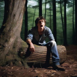 A photorealistic horror scene featuring a young man lying flat on his back on a giant tree stump in the woods