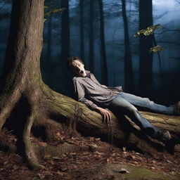 A photorealistic horror scene featuring a young man lying flat on his back on a giant tree stump in the woods