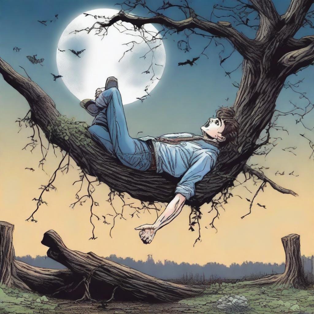 A horrifying scene featuring a young man lying flat on his back on a tree stump, tied up with multiple vines