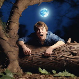 A photorealistic image of a horrified young man lying flat on his back on a tree stump, tied up with multiple vines