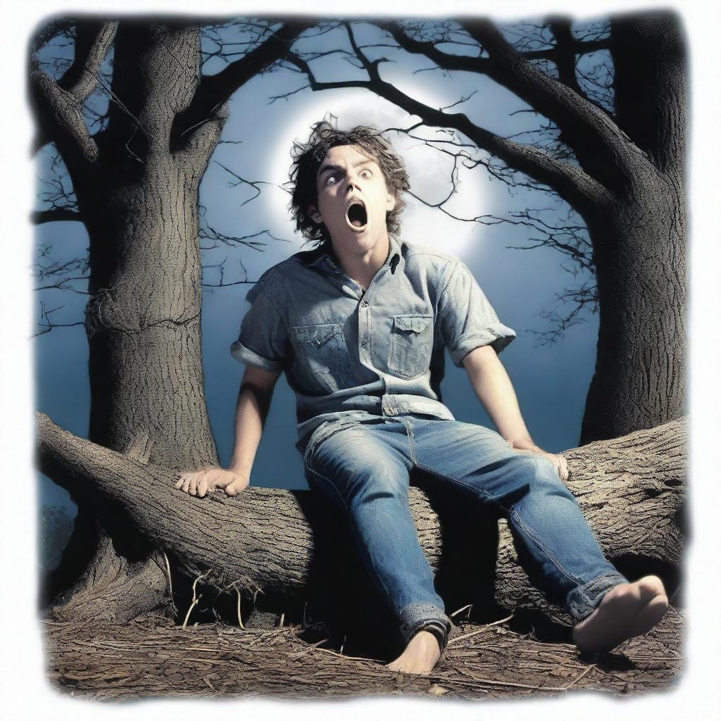 A photorealistic image of a horrified young man lying flat on his back on a tree stump, tied up with multiple vines