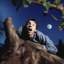 A photorealistic image of a horrified young man lying flat on his back on a tree stump, tied up with multiple vines