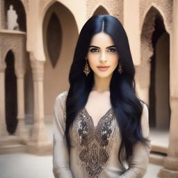 Create an image of a natural slim feminine Middle Eastern girl with long black hair