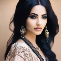 Create an image of a natural slim feminine Middle Eastern girl with long black hair