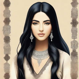 Create an image of a natural slim feminine Middle Eastern girl with long black hair