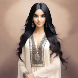 Create an image of a natural slim feminine Middle Eastern girl with long black hair