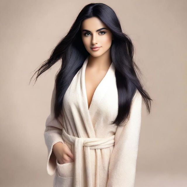 Create an image of a natural slim feminine Middle Eastern girl with long black hair and large breasts, wearing a bathrobe