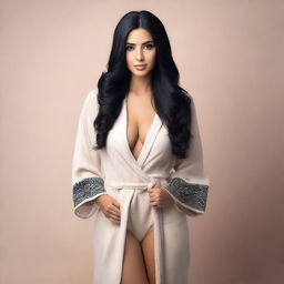 Create an image of a natural slim feminine Middle Eastern girl with long black hair and large breasts, wearing a bathrobe and heels