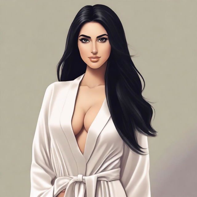 Create an image of a natural slim feminine Middle Eastern girl with long black hair and large breasts, wearing a bathrobe and heels