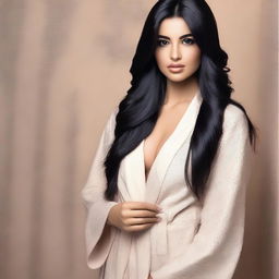 Create an image of a natural slim feminine Middle Eastern girl with long black hair and large breasts, wearing a bathrobe and heels