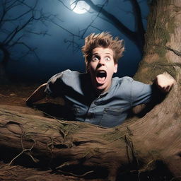 A photorealistic close-up of a horrified young man lying flat on his back on a tree stump, tied up with multiple vines