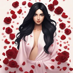 Create an image of a natural slim feminine Middle Eastern girl with long black hair and large breasts, wearing a bathrobe and surrounded by rose petals