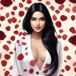 Create an image of a natural slim feminine Middle Eastern girl with long black hair and large breasts, wearing a bathrobe and surrounded by rose petals