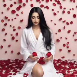 Create an image of a natural slim feminine Middle Eastern girl with long black hair and large breasts, wearing a bathrobe and surrounded by rose petals