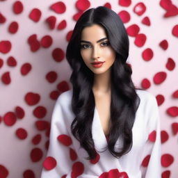 Create an image of a natural slim feminine Middle Eastern girl with long black hair and large breasts, wearing a bathrobe and surrounded by rose petals