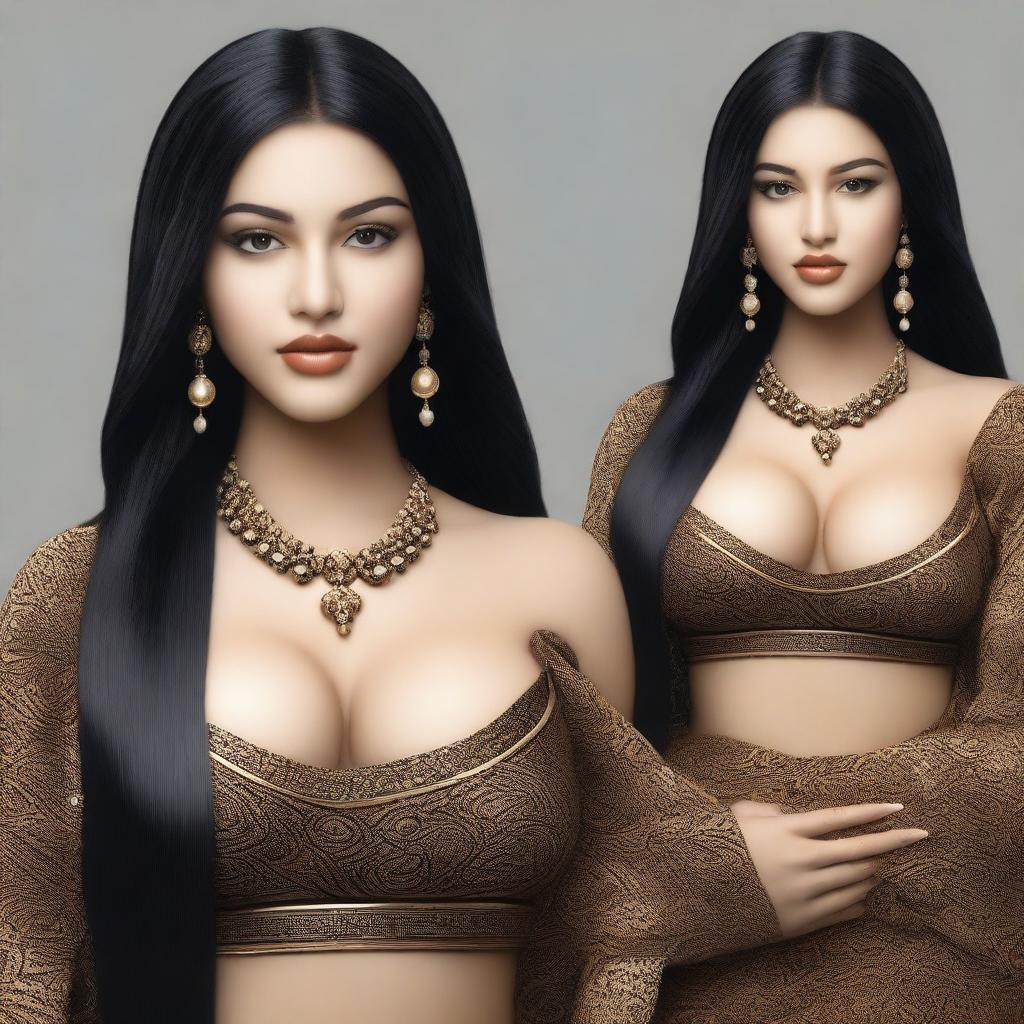 Create an image of a real-life girl with long black hair and large breasts