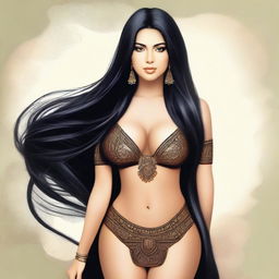 Create an image of a girl with long black hair and large breasts