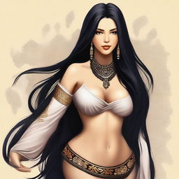 Create an image of a girl with long black hair and large breasts