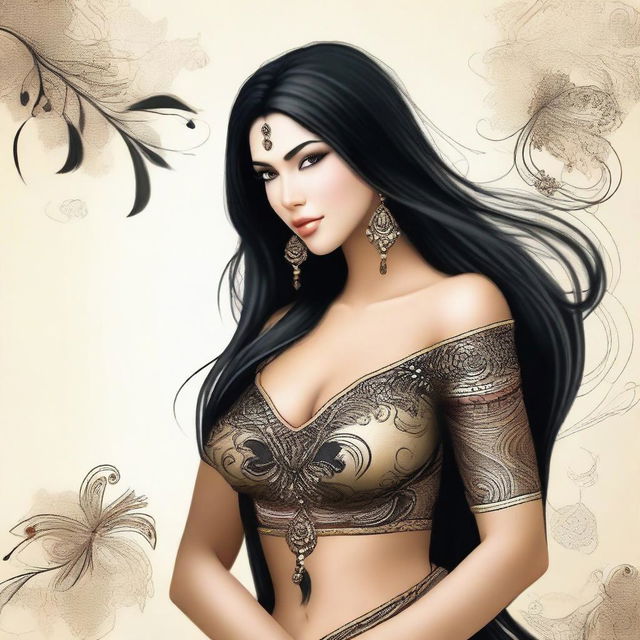 Create an image of a girl with long black hair and large breasts