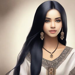 Create an image of a light-skinned girl with long black hair