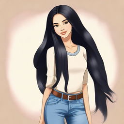 Create an image of a light-skinned girl with long black hair