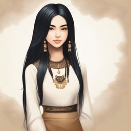 Create an image of a light-skinned girl with long black hair