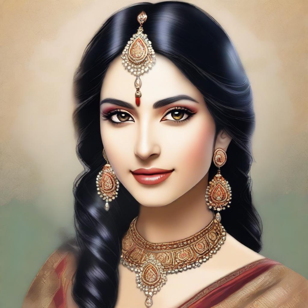 Create an image of a light-skinned Indian girl with long black hair