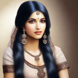 Create a realistic image of a light-skinned Indian girl with long black hair