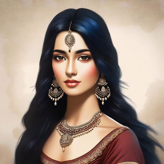 Create a realistic image of a light-skinned Indian girl with long black hair