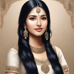 Create a realistic image of a light-skinned Indian girl with long black hair