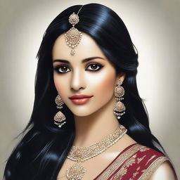 Create a realistic image of a light-skinned Indian girl with long black hair