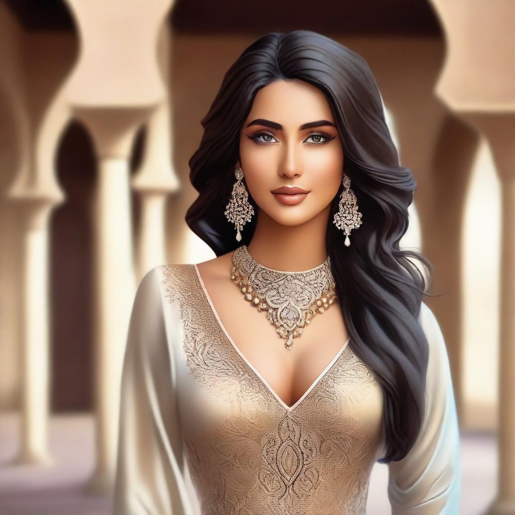 Create an image of a feminine Middle Eastern girl with elegant features and a curvy figure