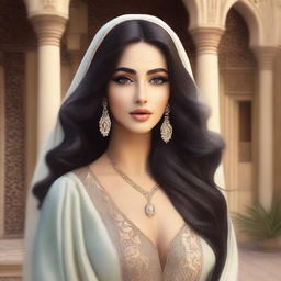 Create an image of a feminine Middle Eastern girl with elegant features and a curvy figure