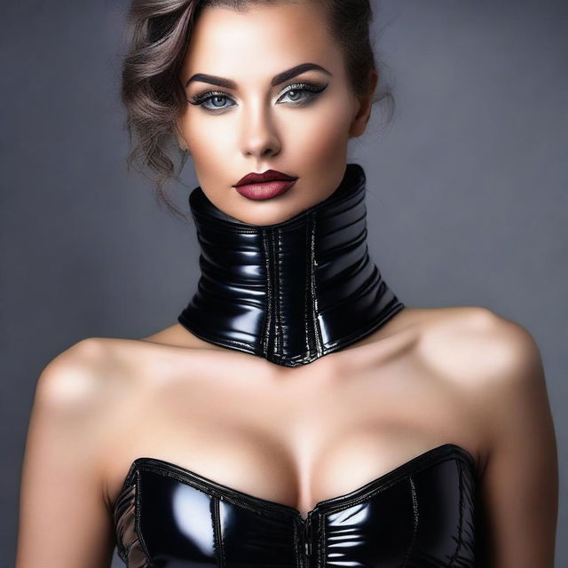 A seductive woman wearing a tight black shiny puffer corset