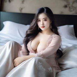 Create an image of a feminine Asian girl with elegant features and a curvy figure, lying gracefully on a bed