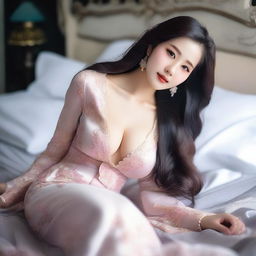 Create an image of a feminine Asian girl with elegant features and a curvy figure, lying gracefully on a bed