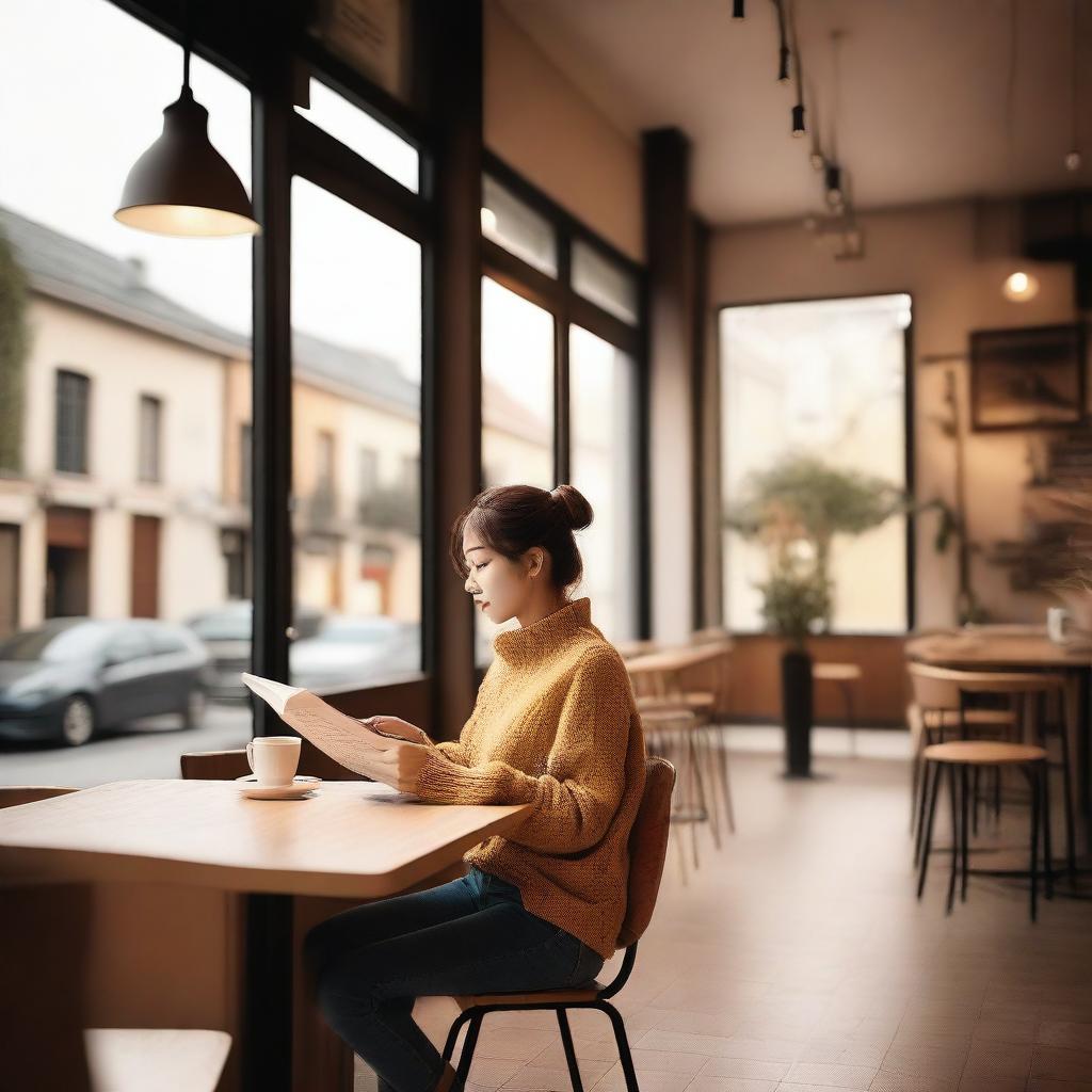 A cozy cafe with an aesthetic view, featuring a customer reading a book while enjoying a cup of coffee