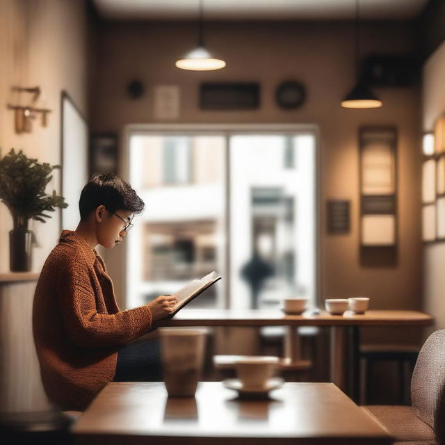 A cozy cafe with an aesthetic view, featuring a customer reading a book while enjoying a cup of coffee