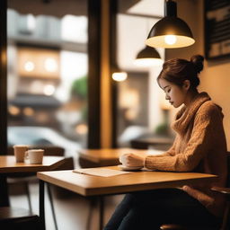 A cozy cafe with an aesthetic view, featuring a customer reading a book while enjoying a cup of coffee