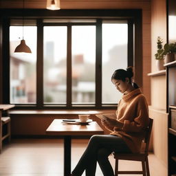 A cozy cafe with an aesthetic view, featuring a customer reading a book while enjoying a cup of coffee