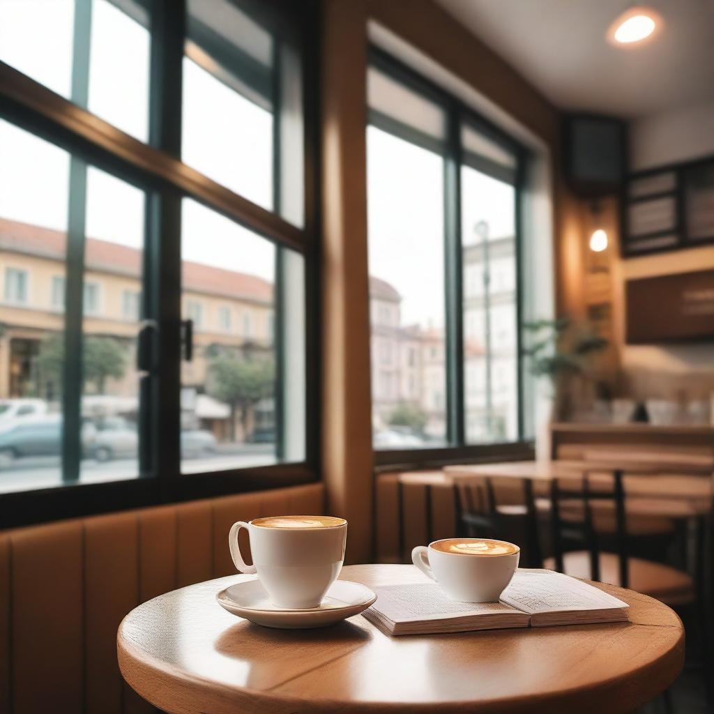 A cozy cafe with an aesthetic view, bustling with lots of customers