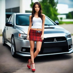 Create a magazine-shoot style photo featuring a silver Mitsubishi Lancer Evolution X with black wheels