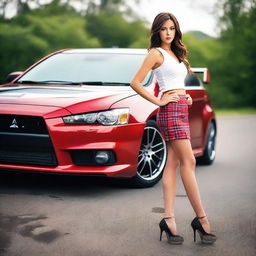 Create a magazine-shoot style photo featuring a silver Mitsubishi Lancer Evolution X with black wheels