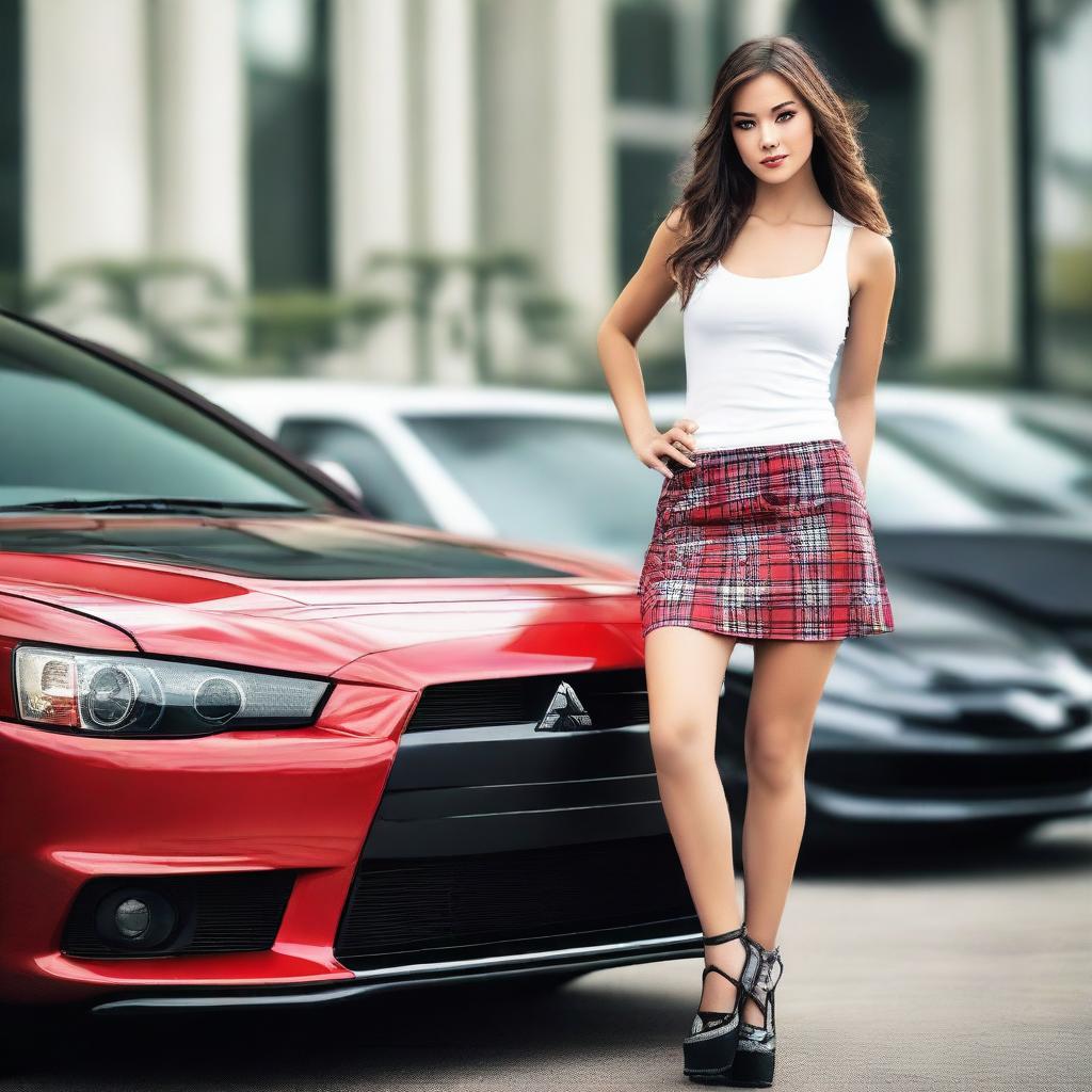 Create a magazine-shoot style photo featuring a silver Mitsubishi Lancer Evolution X with black wheels