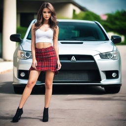 Create a magazine-shoot style photo featuring a silver Mitsubishi Lancer Evolution X with black wheels