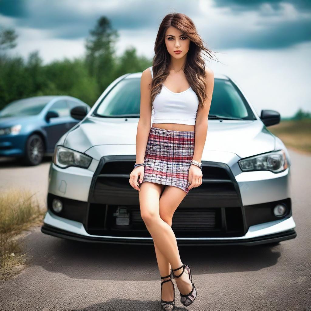 Create a magazine-shoot style photo featuring a silver Mitsubishi Lancer Evolution X with black wheels