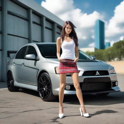 Create a magazine-shoot style photo featuring a silver Mitsubishi Lancer Evolution X with black wheels